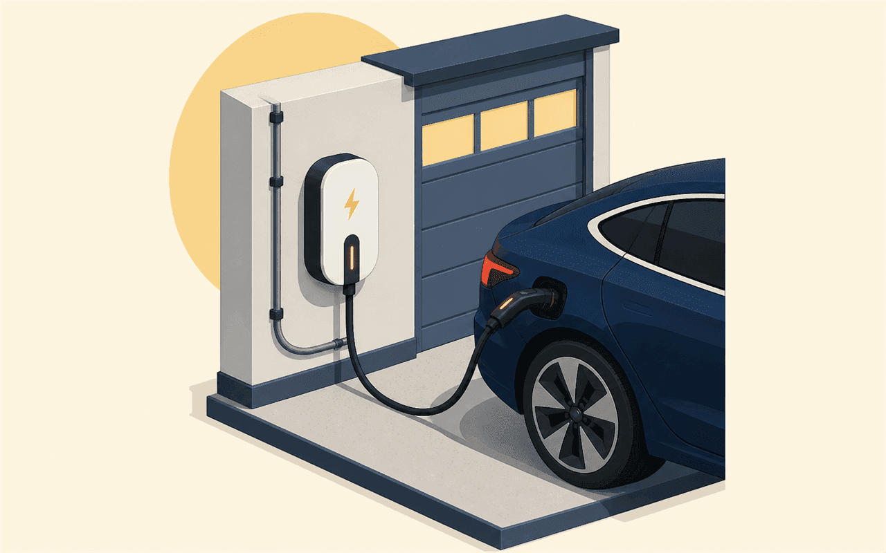 Illustration of an electric vehicle charging from a wall-mounted charger
