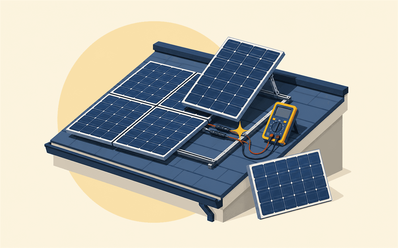 Illustration of a solar panel being diagnosed for a fault